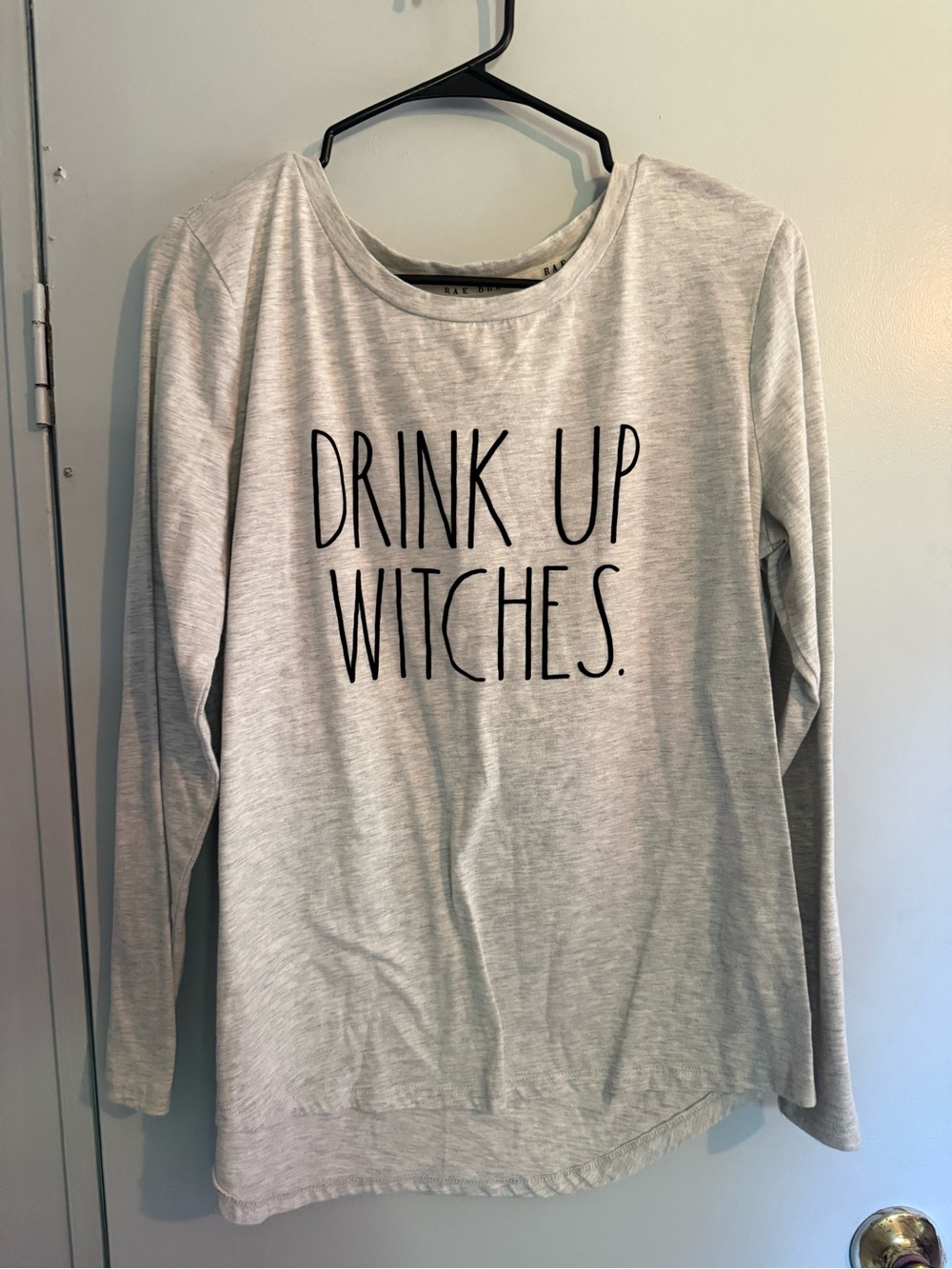Rae Dunn Gray Long Sleeve Tee with "Drink Up Witches." Graphic